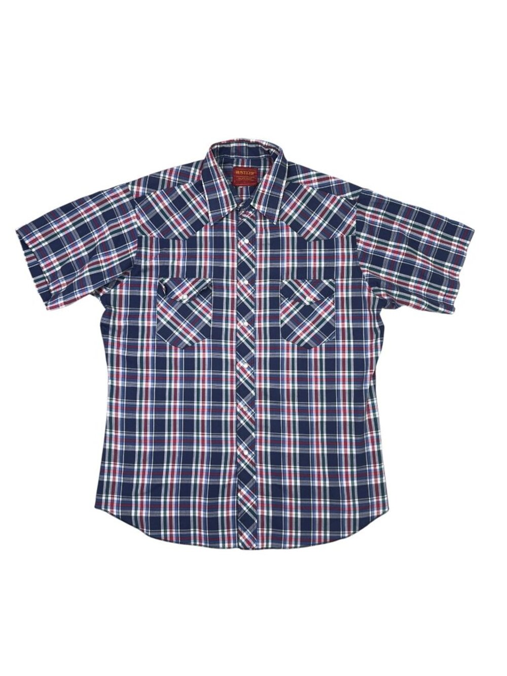 Rustler Western Shirt Mens L Large X-Long Tails Short Sleeve Plaid Pearl Snap